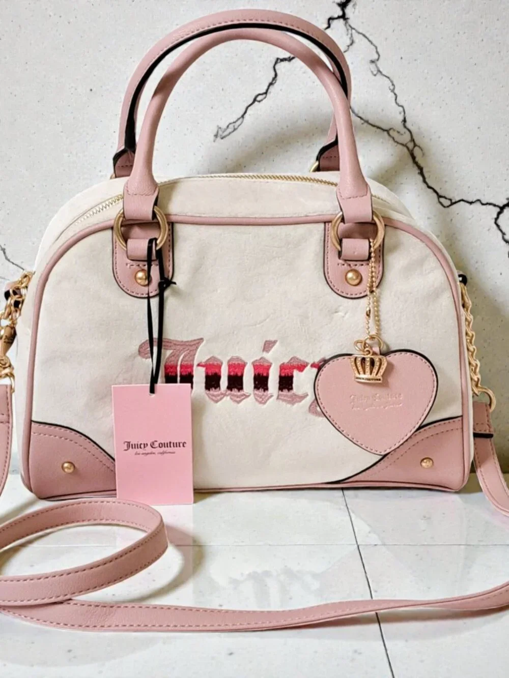 Juicy Couture Retro Vibe Bowler Satchel Pink & Cream Velour Y2K NWT
